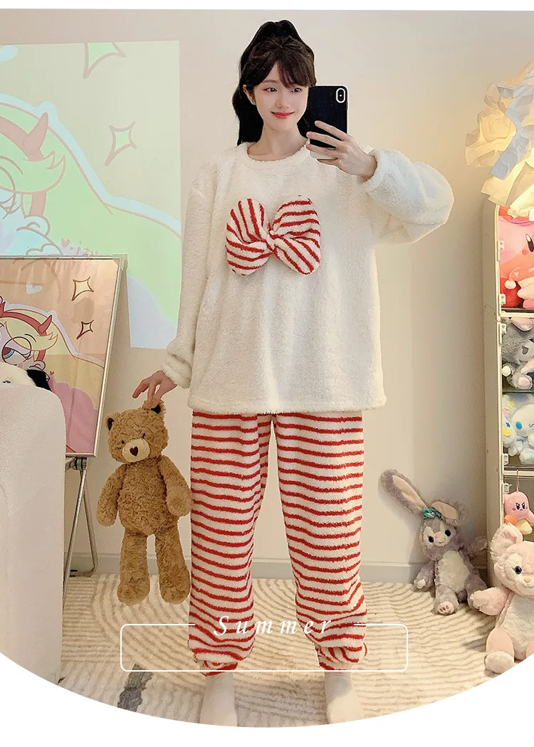 Yidiemeng Winter Half Fleece Striped Sweet Princess Long Sleeve Plus Size 110kg Loungewear Set · Wholesale · OEM · Worldwide Shipping - Detail 8