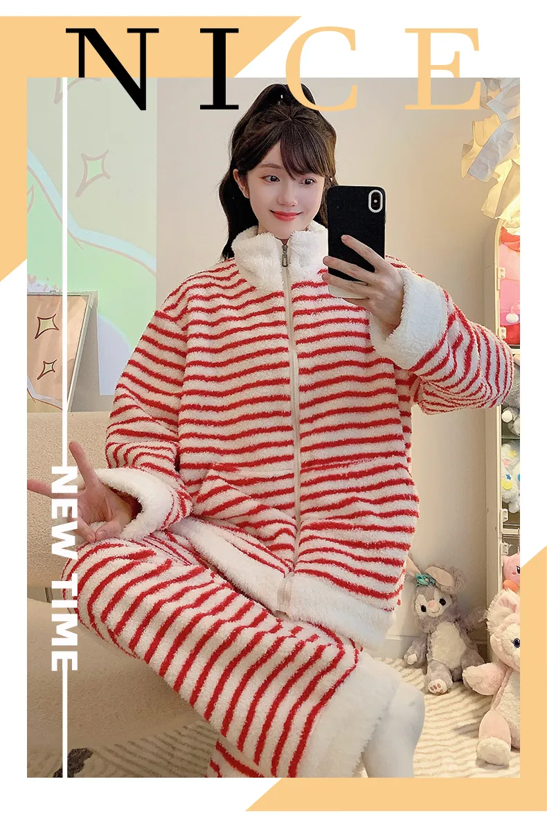 Yidiemeng Winter Sweet Striped Half Fleece Zip Cardigan Long Sleeve Pants Loose Plus Size Loungewear Set · Wholesale · OEM · Worldwide Shipping - Detail 11