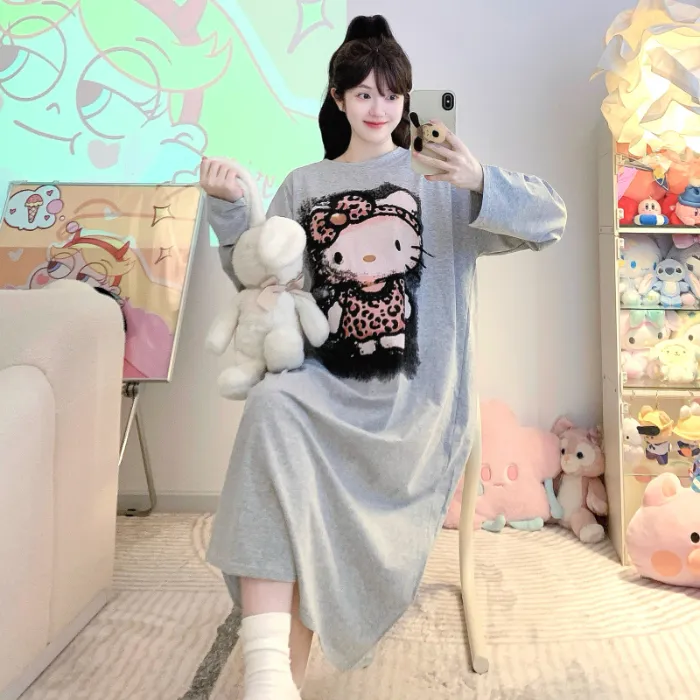 Yidiemeng Spring and Autumn New Pure Cotton Stretch Cartoon Princess Style Long Sleeve Long Nightgown Loose Loungewear Wearable Outside · Wholesale · OEM · Worldwide Shipping - Detail 2