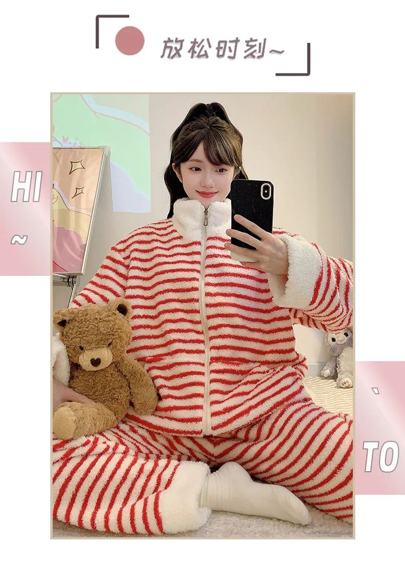 Yidiemeng Winter Sweet Striped Half Fleece Zip Cardigan Long Sleeve Pants Loose Plus Size Loungewear Set · Wholesale · OEM · Worldwide Shipping - Detail 15