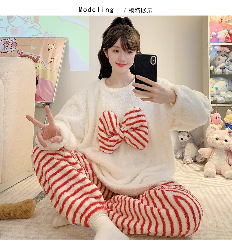Yidiemeng Winter Half Fleece Striped Sweet Princess Long Sleeve Plus Size 110kg Loungewear Set · Wholesale · OEM · Worldwide Shipping - Detail 5