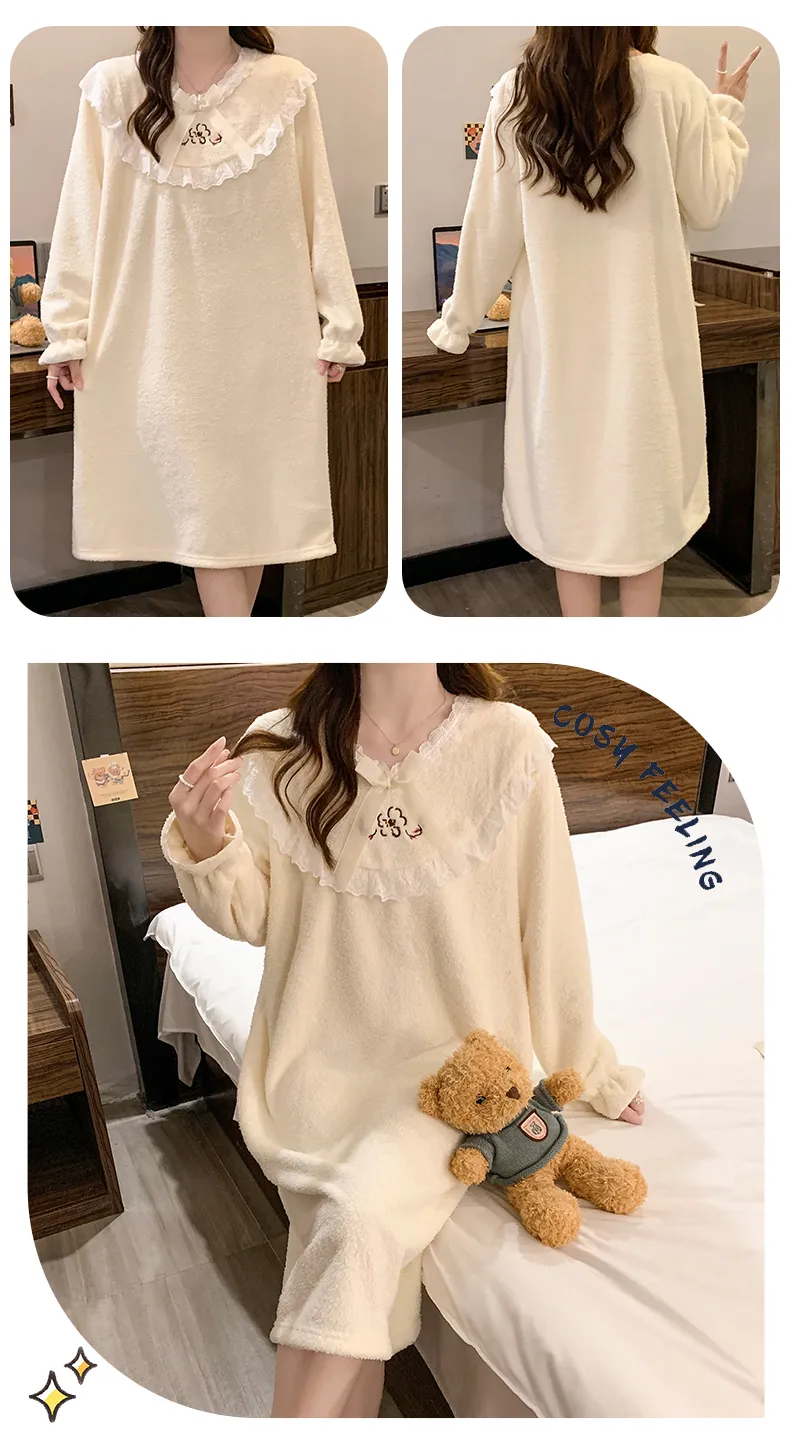 Yidiemeng Winter Half-Sherpa Fleece Pajamas Women Princess Style Long Sleeve Mid-Length Nightdress Plus Size Large 110kg Loungewear · Wholesale · OEM · Worldwide Shipping - Detail 14