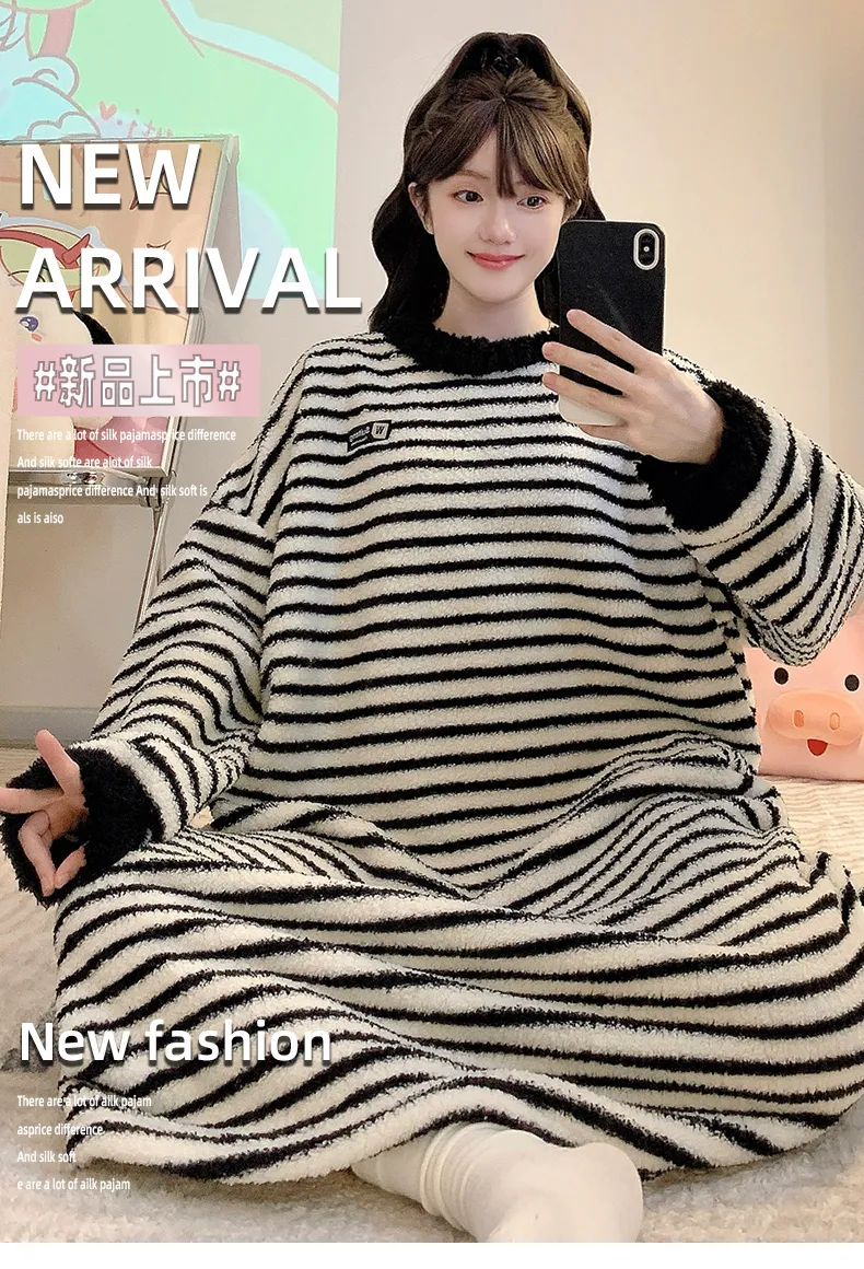 Yidiemeng Winter Half-Side Velvet Sweet Princess Style Long Sleeve Mid-Length Nightdress Plus Size Homewear Fits Up to 110kg · Wholesale · OEM · Worldwide Shipping - Detail 1