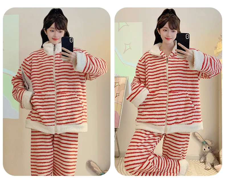 Yidiemeng Winter Sweet Striped Half Fleece Zip Cardigan Long Sleeve Pants Loose Plus Size Loungewear Set · Wholesale · OEM · Worldwide Shipping - Detail 14