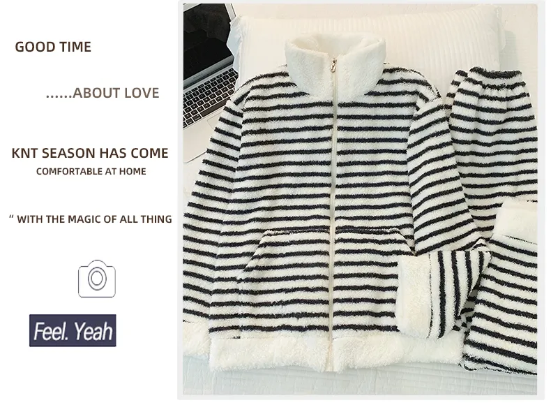 Yidiemeng Winter Sweet Striped Half Fleece Zip Cardigan Long Sleeve Pants Loose Plus Size Loungewear Set · Wholesale · OEM · Worldwide Shipping - Detail 8