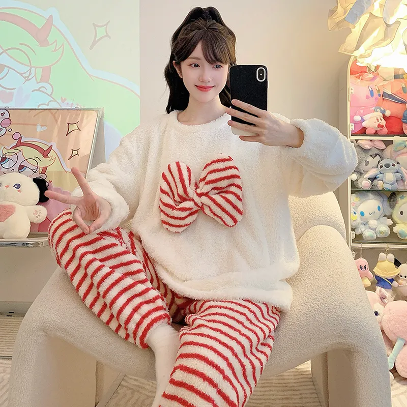 Yidiemeng Winter Half Fleece Striped Sweet Princess Long Sleeve Plus Size 110kg Loungewear Set · Wholesale · OEM · Worldwide Shipping - View 1