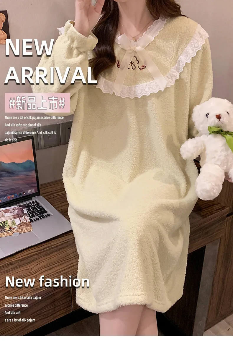 Yidiemeng Winter Half-Sherpa Fleece Pajamas Women Princess Style Long Sleeve Mid-Length Nightdress Plus Size Large 110kg Loungewear · Wholesale · OEM · Worldwide Shipping - Detail 1