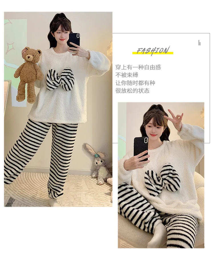 Yidiemeng Winter Half Fleece Striped Sweet Princess Long Sleeve Plus Size 110kg Loungewear Set · Wholesale · OEM · Worldwide Shipping - Detail 12