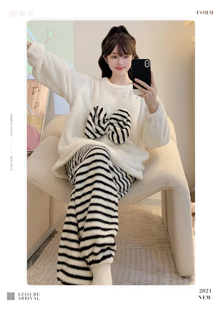 Yidiemeng Winter Half Fleece Striped Sweet Princess Long Sleeve Plus Size 110kg Loungewear Set · Wholesale · OEM · Worldwide Shipping - Detail 11