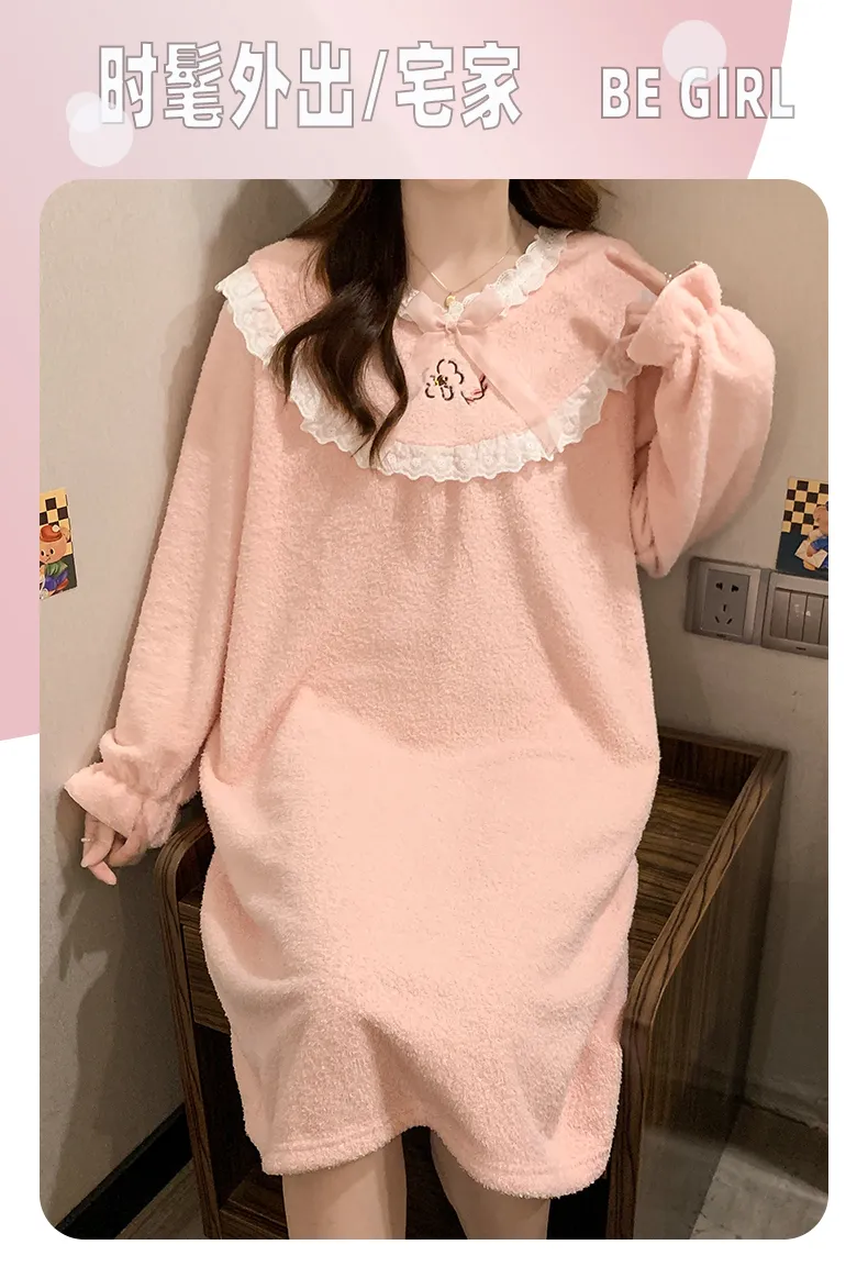 Yidiemeng Winter Half-Sherpa Fleece Pajamas Women Princess Style Long Sleeve Mid-Length Nightdress Plus Size Large 110kg Loungewear · Wholesale · OEM · Worldwide Shipping - Detail 17