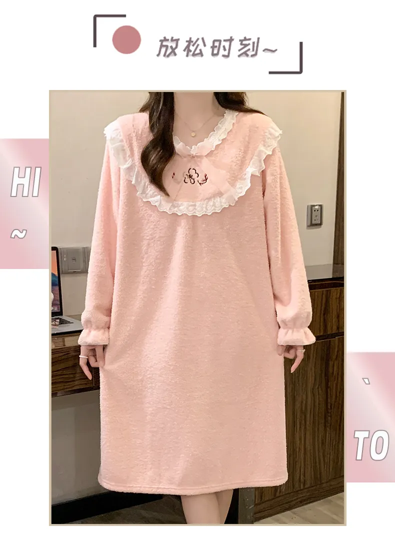 Yidiemeng Winter Half-Sherpa Fleece Pajamas Women Princess Style Long Sleeve Mid-Length Nightdress Plus Size Large 110kg Loungewear · Wholesale · OEM · Worldwide Shipping - Detail 15