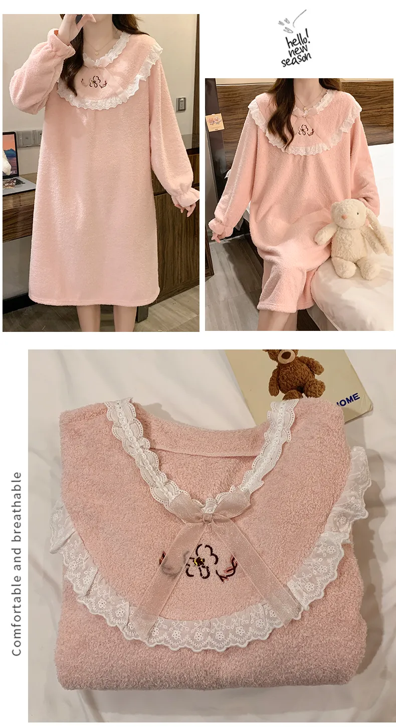 Yidiemeng Winter Half-Sherpa Fleece Pajamas Women Princess Style Long Sleeve Mid-Length Nightdress Plus Size Large 110kg Loungewear · Wholesale · OEM · Worldwide Shipping - Detail 18