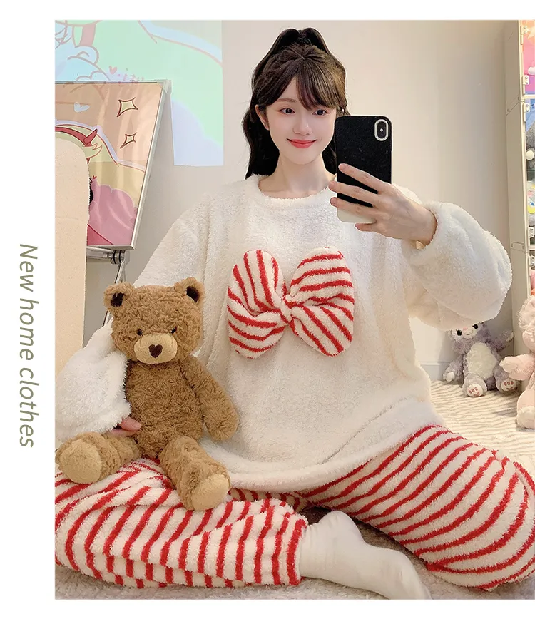 Yidiemeng Winter Half Fleece Striped Sweet Princess Long Sleeve Plus Size 110kg Loungewear Set · Wholesale · OEM · Worldwide Shipping - Detail 9