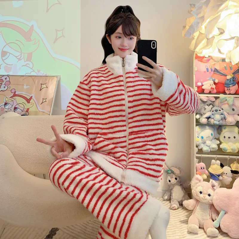 Yidiemeng Winter Sweet Striped Half Fleece Zip Cardigan Long Sleeve Pants Loose Plus Size Loungewear Set · Wholesale · OEM · Worldwide Shipping - View 2