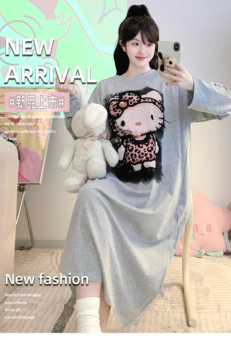 Yidiemeng Spring and Autumn New Pure Cotton Stretch Cartoon Princess Style Long Sleeve Long Nightgown Loose Loungewear Wearable Outside · Wholesale · OEM · Worldwide Shipping - Detail 4
