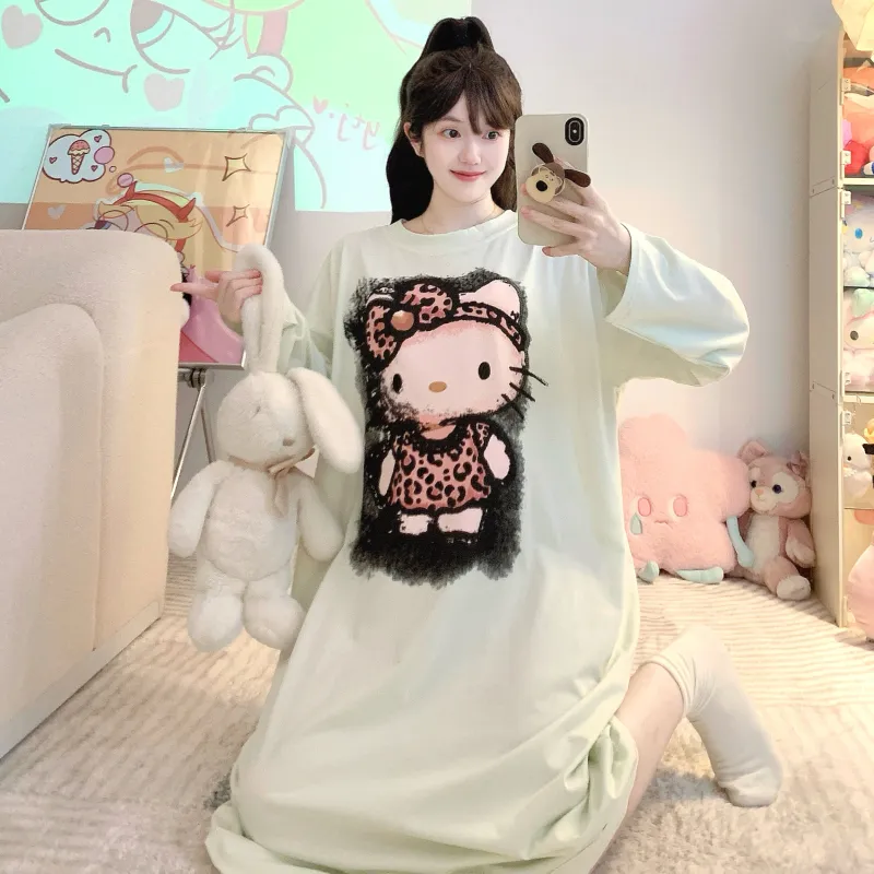 Yidiemeng Spring and Autumn New Pure Cotton Stretch Cartoon Princess Style Long Sleeve Long Nightgown Loose Loungewear Wearable Outside · Wholesale · OEM · Worldwide Shipping - View 3