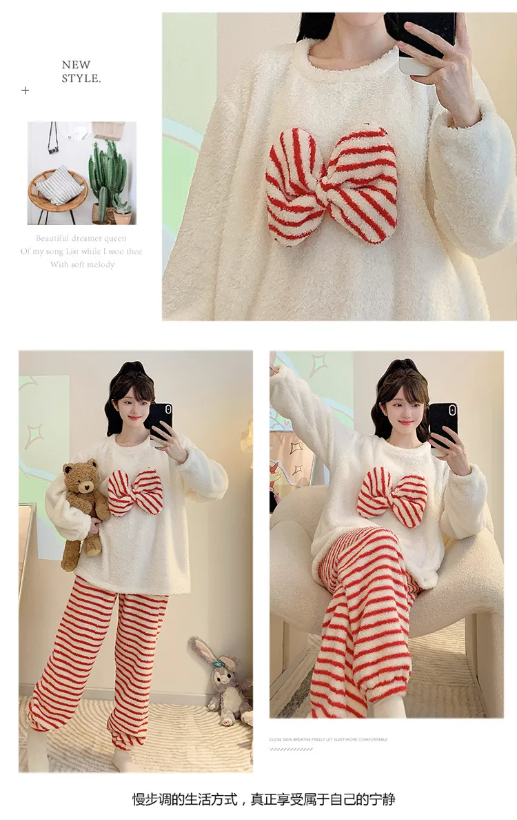 Yidiemeng Winter Half Fleece Striped Sweet Princess Long Sleeve Plus Size 110kg Loungewear Set · Wholesale · OEM · Worldwide Shipping - Detail 6